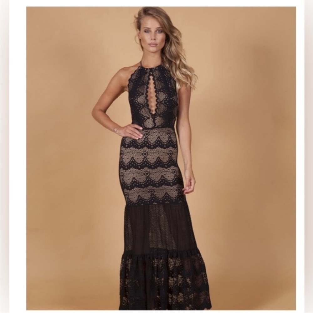 Nightcap Elegant Black and Tan Lace Maxi Dress